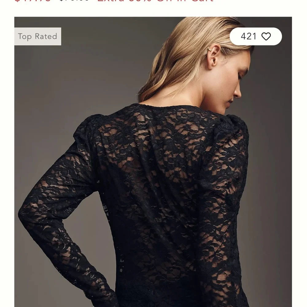 NWT Anthropologie Puff-Sleeve Sheer Lace Top Size M Long Sleeve Body Con Black